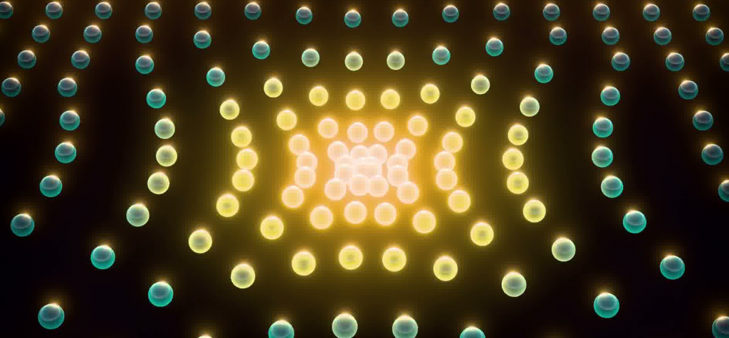 Abstract AI-themed illustration with glowing blue and purple dots converging toward a bright center, representing artificial intelligence, data processing, and emerging technology.