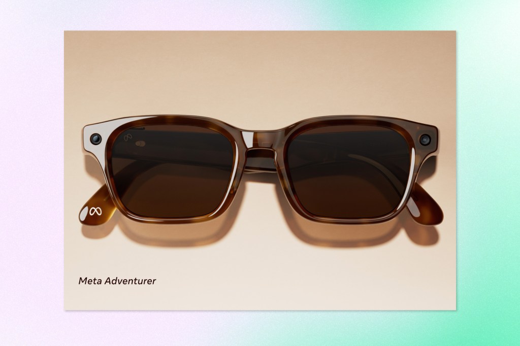 Product image of Meta Adventurer smart glasses with built-in cameras, illustrating AI-powered wearable technology developed with EssilorLuxottica.