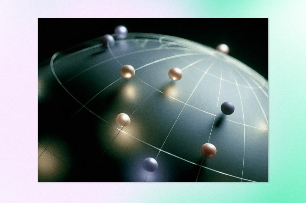Abstract 3D illustration of interconnected spheres arranged across a curved surface, symbolizing AI reasoning, knowledge graphs, and connected intelligence.