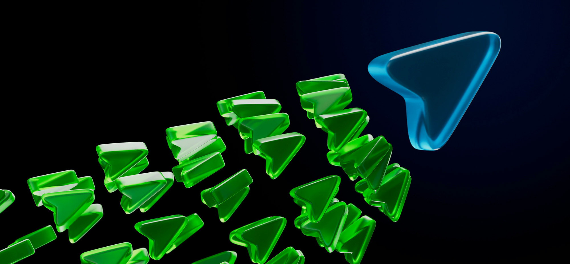 Translucent green glass data blocks flowing toward a larger blue geometric structure against a dark background, representing content transformation and migration to a modern digital platform.