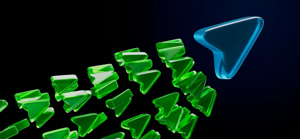 Translucent green glass data blocks flowing toward a larger blue geometric structure against a dark background, representing content transformation and migration to a modern digital platform.