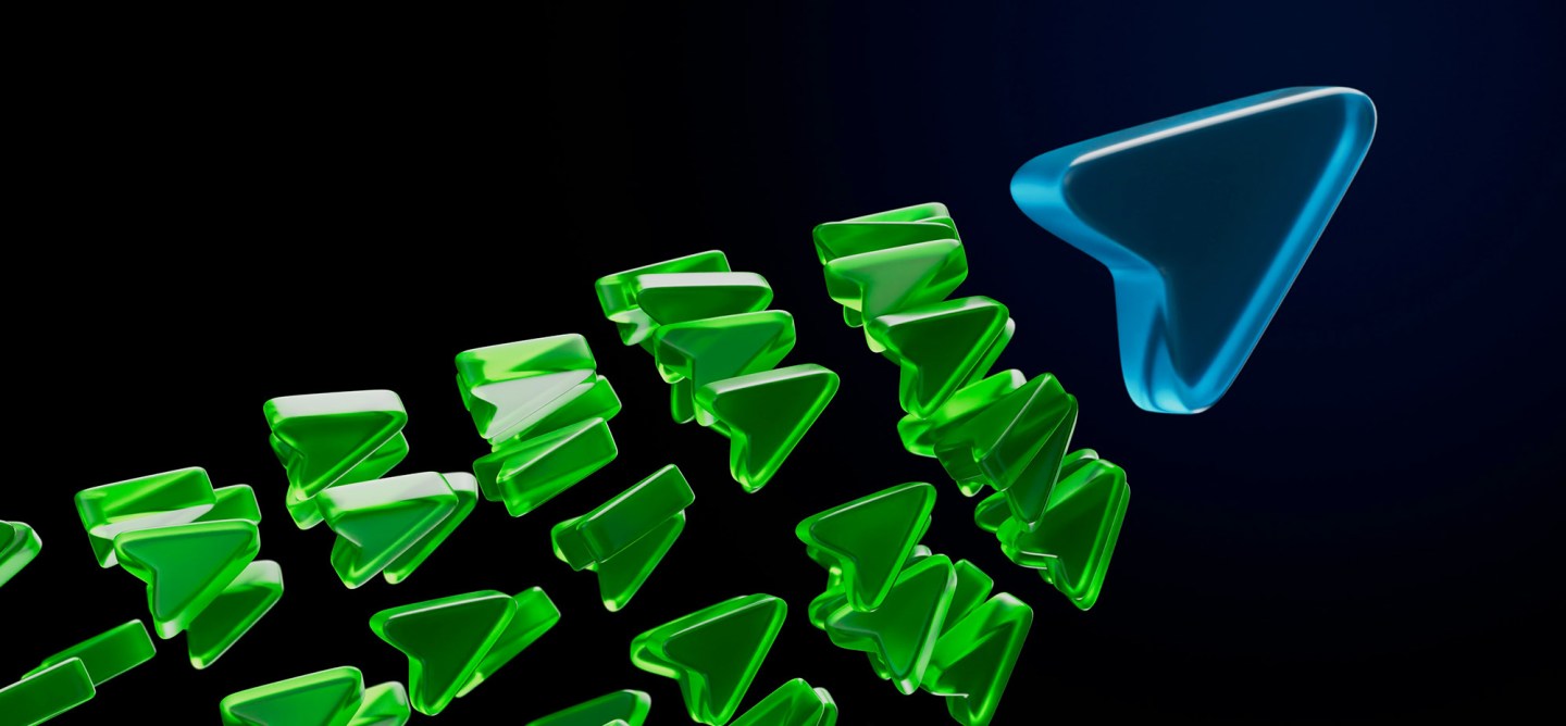 Translucent green glass data blocks flowing toward a larger blue geometric structure against a dark background, representing content transformation and migration to a modern digital platform.