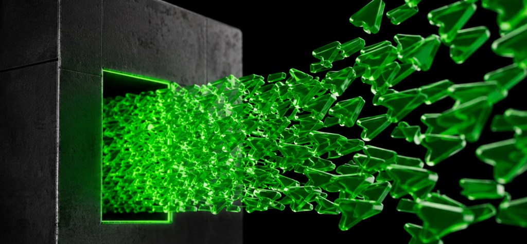 Thousands of glowing green data fragments emerging from a dark monolithic structure, symbolizing content extraction and migration from a legacy CMS.