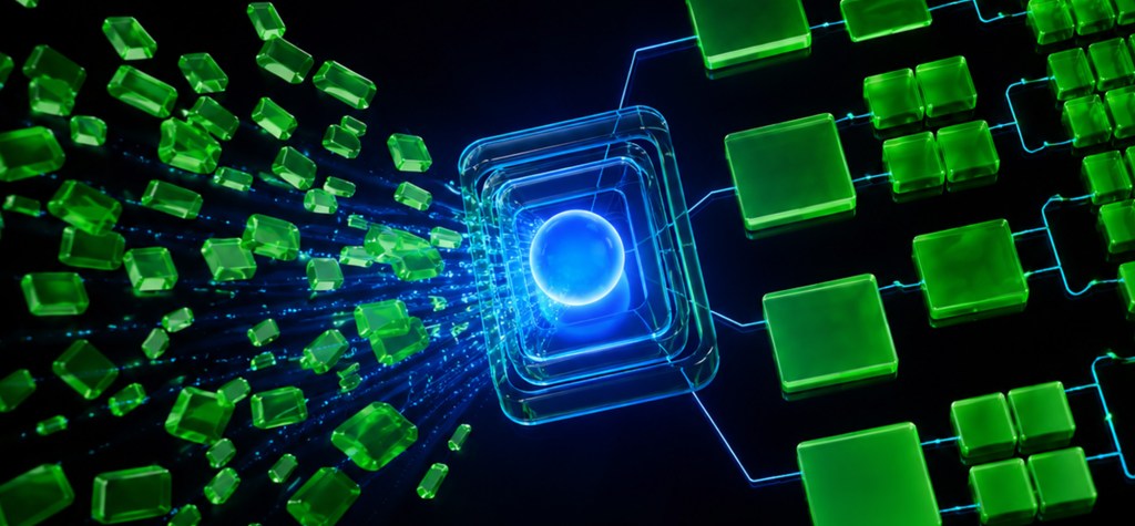 Green glass content blocks moving through a glowing blue digital processing structure and reorganizing into a structured network, representing taxonomy mapping and data normalization.