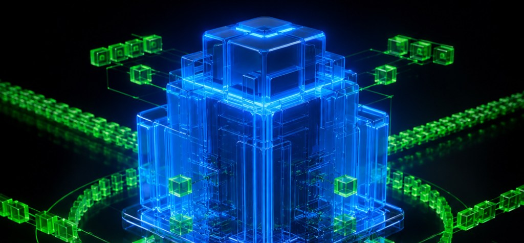 A luminous blue transparent digital architecture connected to streams of green data blocks, representing scalable content infrastructure and a modern composable CMS ecosystem.