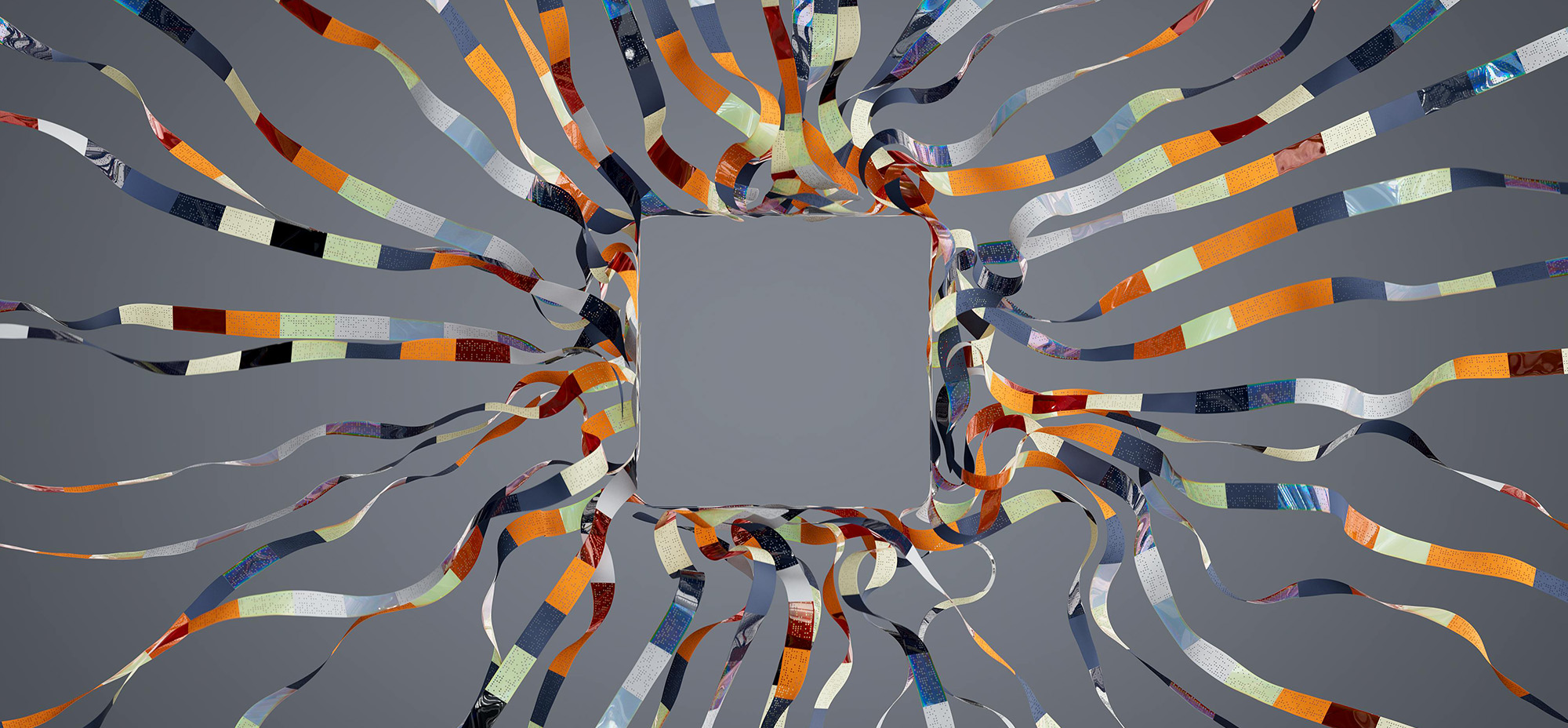 Abstract square hub surrounded by flowing multicoloured data ribbons extending outward, illustrating content distribution, data pipelines, or information retrieval for AI systems.