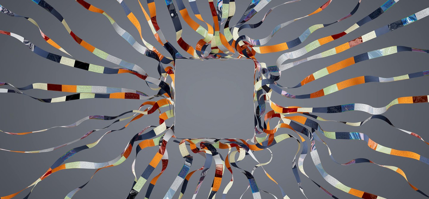 Abstract square hub surrounded by flowing multicoloured data ribbons extending outward, illustrating content distribution, data pipelines, or information retrieval for AI systems.