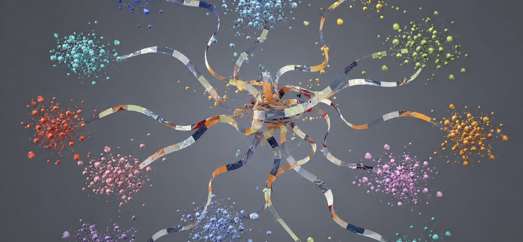 Central cluster of interconnected ribbons branching toward colourful particle groups, representing vector embeddings, semantic relationships, and information retrieval across AI-powered content systems.