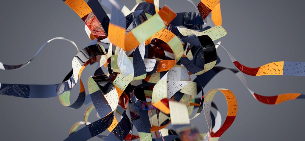 Close-up of intertwined multicoloured ribbons twisting through space, symbolizing content chunking, embeddings, data processing, or AI knowledge organization.