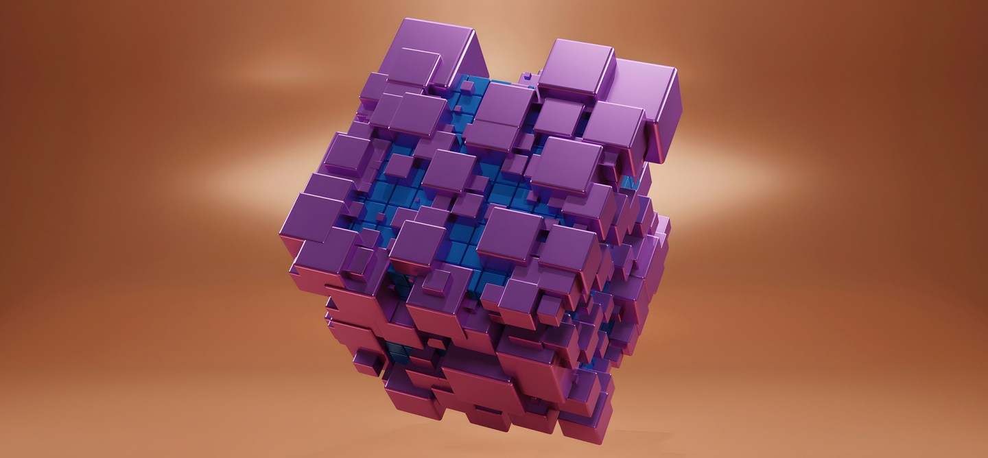 Close-up 3D rendering of interconnected purple cubes of varying sizes arranged in a modular grid, representing scalable content architecture and reusable block systems.