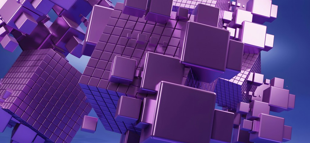 Close-up 3D rendering of interconnected purple cubes of varying sizes arranged in a modular grid, representing scalable content architecture and reusable block systems.