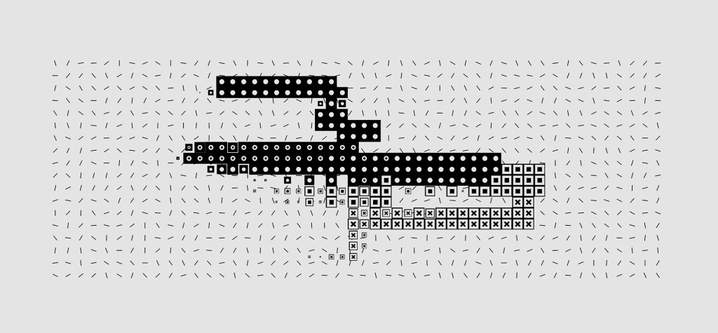Abstract black and white geometric pattern made of dots, squares, and crossed shapes arranged in interconnected pathways, representing the organization and mapping of knowledge within a vector search system.
