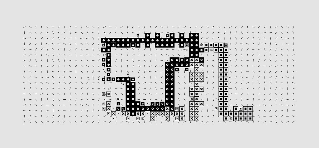 Abstract black and white geometric pattern made of dots, squares, and crossed shapes arranged in interconnected pathways, representing the organization and mapping of knowledge within a vector search system.