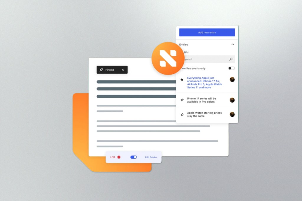 Illustration of a newsroom content management system featuring pinned stories, live publishing controls, searchable content entries, and editorial workflow tools for managing news updates and featured articles.