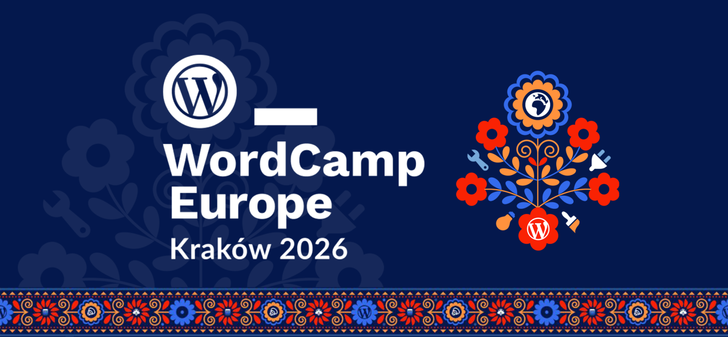Official WordCamp Europe 2026 event graphic featuring the WordPress logo, event title, and colorful Polish folk-art-inspired floral illustrations on a dark blue background. The design celebrates the WordPress community gathering in Kraków, Poland.