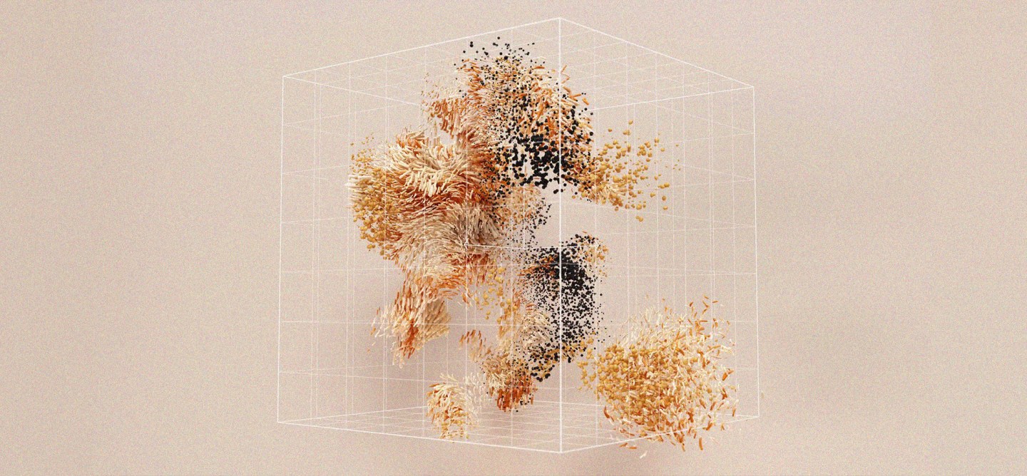 Abstract clusters of beige, orange, and black particles suspended inside a transparent wireframe cube.