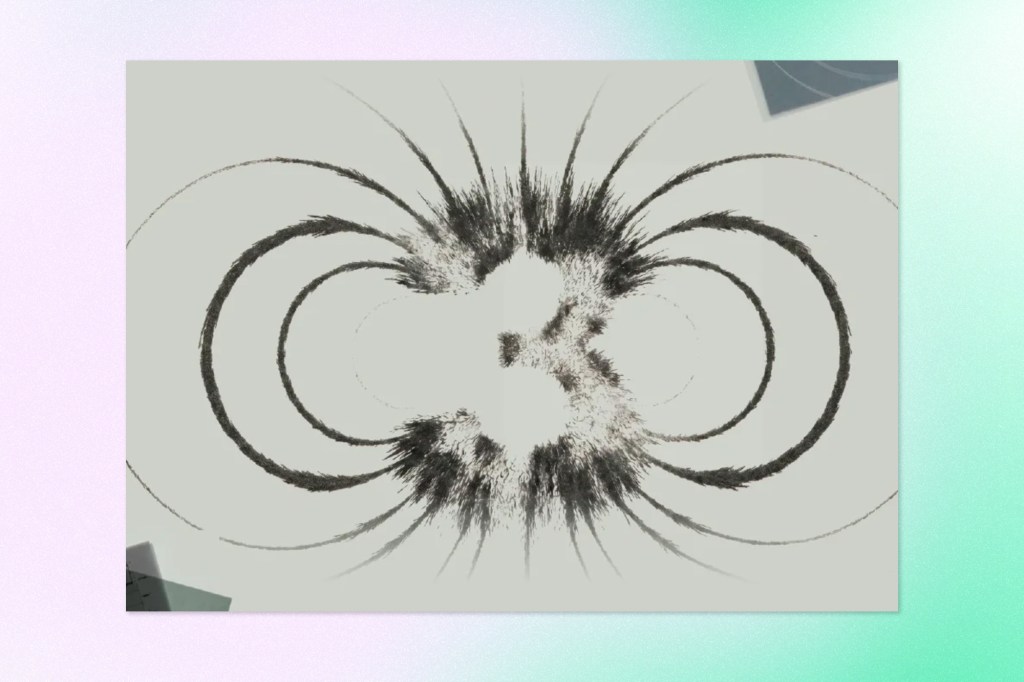 Symmetrical black ink pattern with looping arcs and burst-like marks on a pale background.