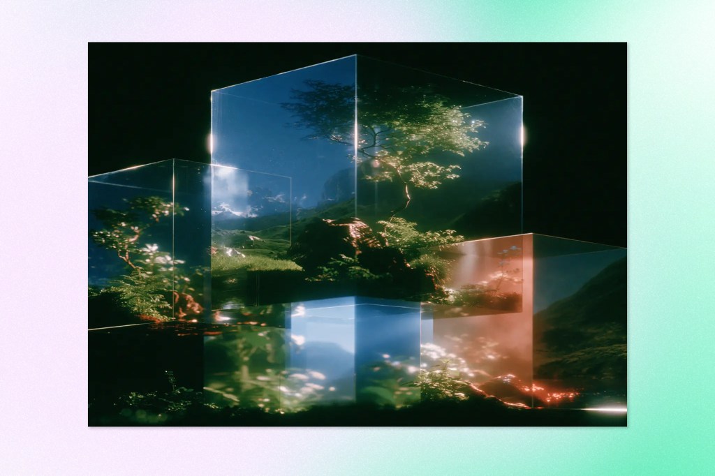 Overlapping translucent glass cubes containing illuminated forest scenes against a dark background.