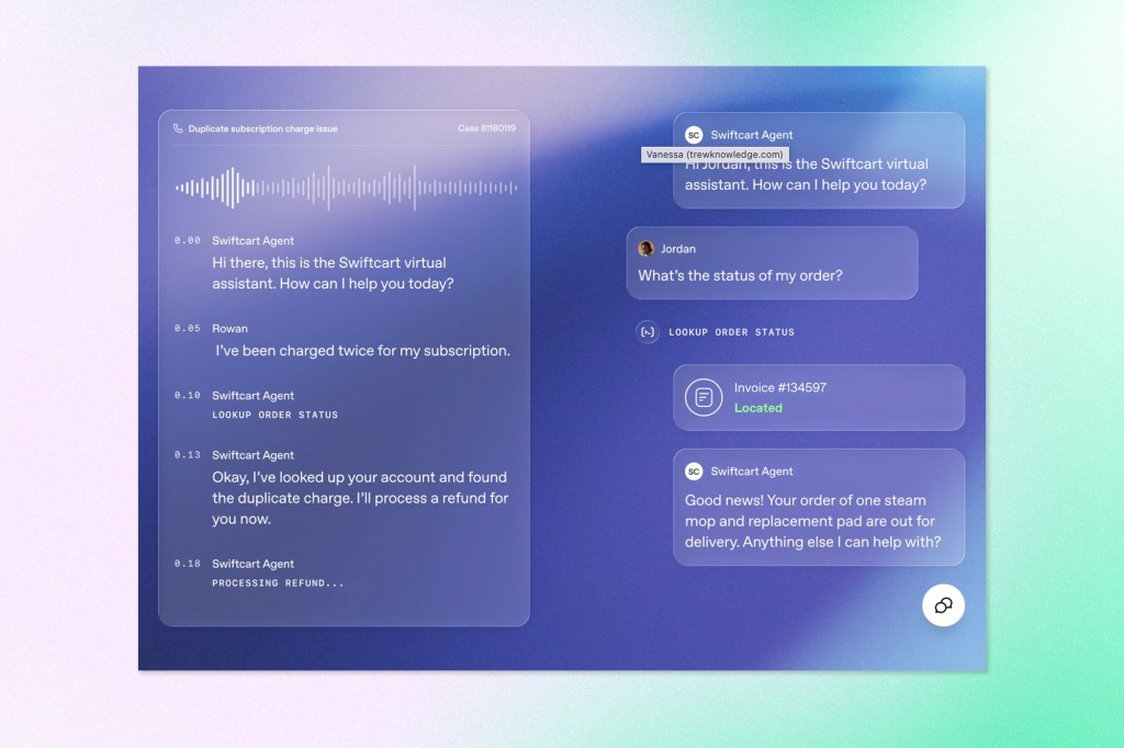 Two translucent AI customer service interfaces on a blue and purple gradient background, showing a voice agent processing a duplicate subscription refund and a chat agent retrieving an order status.
