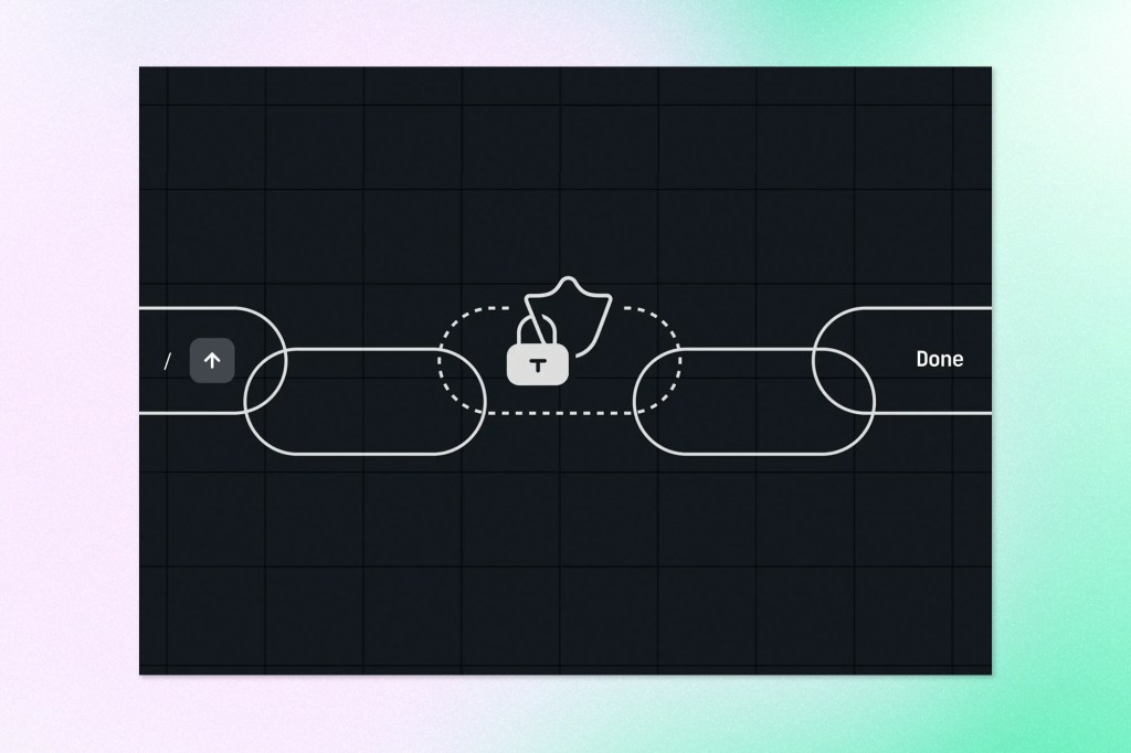 Dark interface diagram with connected rounded paths, a central shield and lock icon, and the word “Done.”