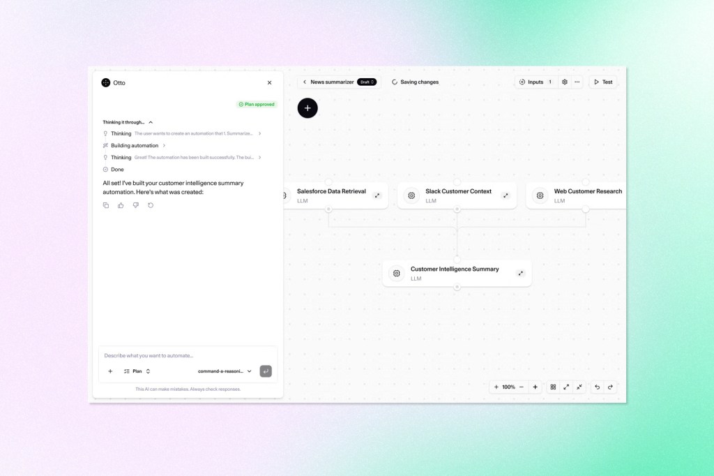 AI automation interface connecting Salesforce data, Slack context, and web research to create a customer intelligence summary.