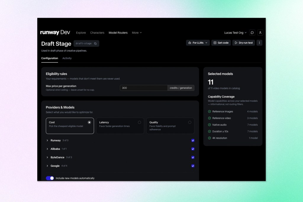 Runway Dev interface for configuring video model routing by cost, latency, quality, price, and capability.
