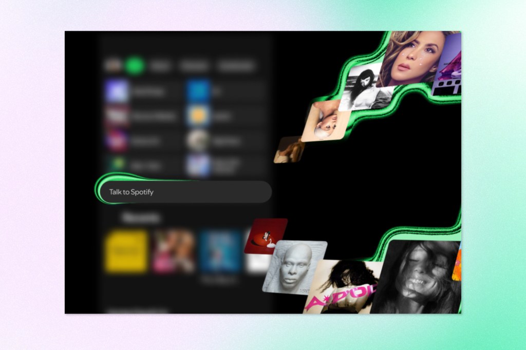 Spotify interface featuring a "Talk to Spotify" prompt alongside floating album artwork, illustrating conversational AI for music discovery and personalized recommendations.