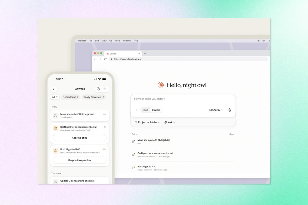 Claude's Cowork interface displayed across desktop and mobile, showing AI agents collaborating on tasks, requesting approvals, and managing workflows within a shared workspace.