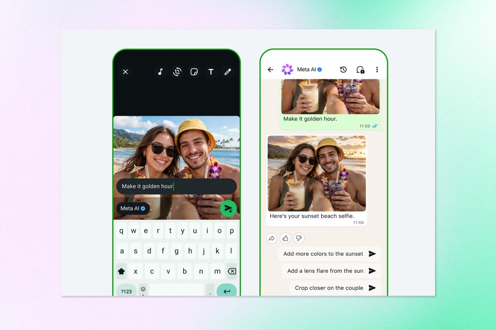 A side-by-side demonstration of Meta AI image editing, where a user prompts "Make it golden hour" and the AI transforms a beach selfie into a sunset scene.