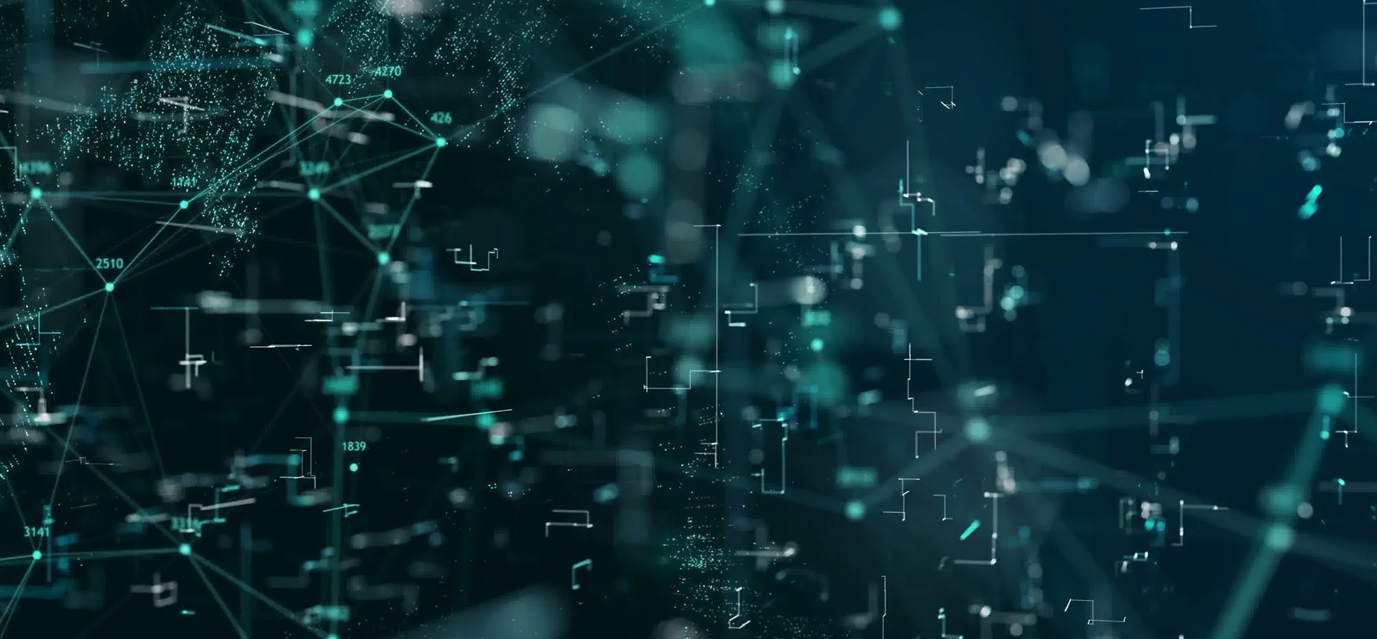 Abstract dark teal network visualization with glowing nodes connected by thin lines, scattered numeric labels, and blurred particles suggesting a complex digital data structure.