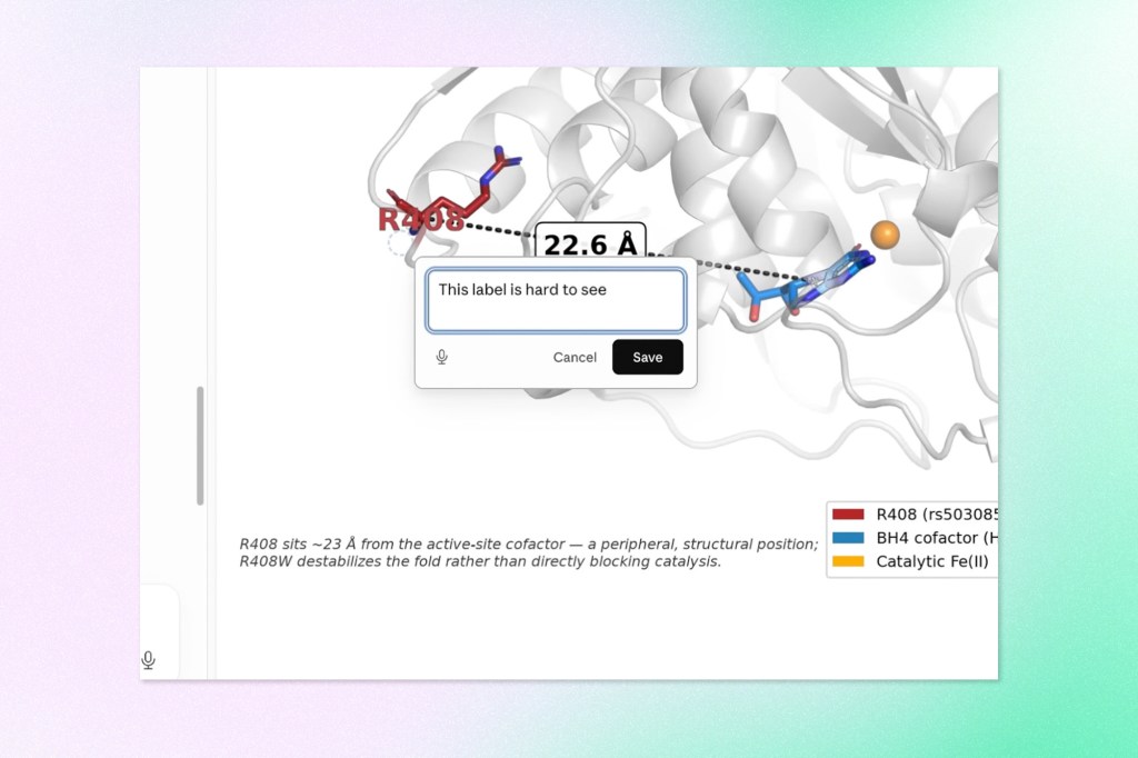 Screenshot of a 3D protein structure rendering showing the R408 residue positioned 22.6 Å from the active-site cofactor, with a comment box reading "This label is hard to see" and a legend labeling R408, the BH4 cofactor, and catalytic Fe(II).