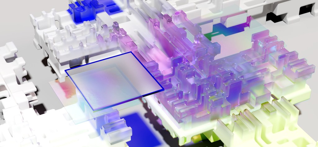 Abstract 3D network of translucent purple, blue, and green structures layered over a white modular grid.