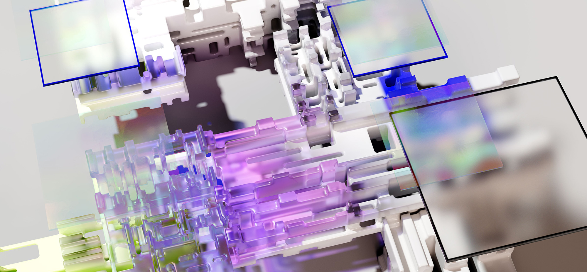 Abstract 3D network of translucent purple, blue, and green structures layered over a white modular grid.