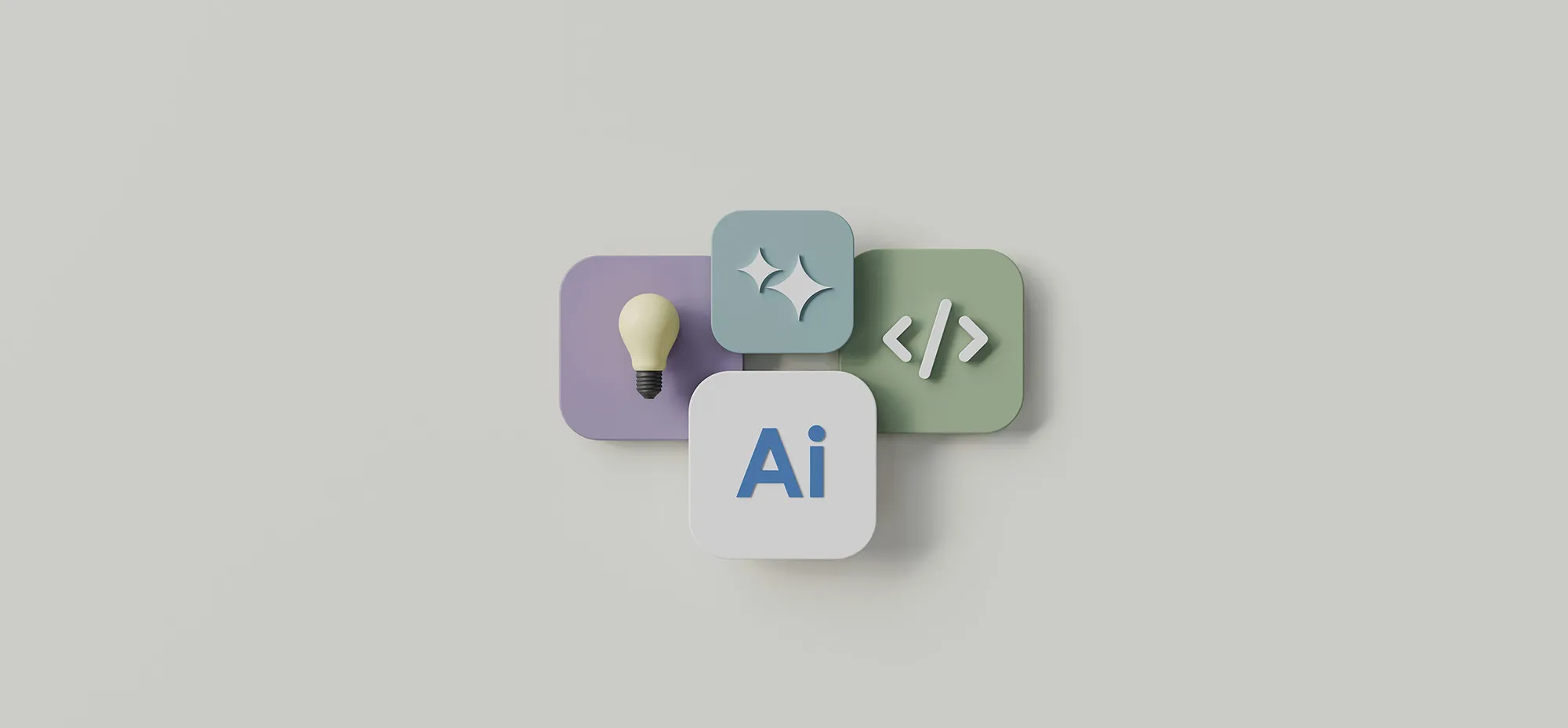 A 3D illustration of four overlapping rounded square icons representing AI capabilities: a light bulb for ideas, a sparkle symbol for automation, a code icon for development, and an "AI" tile in the foreground, set against a clean neutral background.