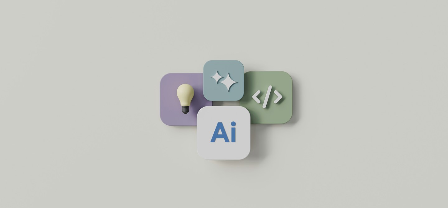 A 3D illustration of four overlapping rounded square icons representing AI capabilities: a light bulb for ideas, a sparkle symbol for automation, a code icon for development, and an "AI" tile in the foreground, set against a clean neutral background.