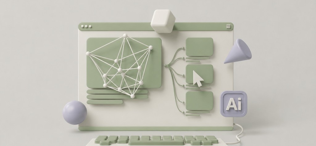 A 3D illustration of an AI workflow displayed on a computer interface, featuring a connected neural network diagram, structured content blocks, branching data flows, and an AI icon, representing a feasibility-first approach to enterprise AI implementation.