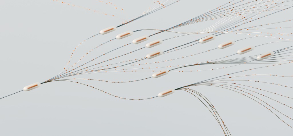 Abstract 3D render of white capsule-shaped nodes linked by fine, flowing threads dotted with orange points, branching outward across a pale gray background.