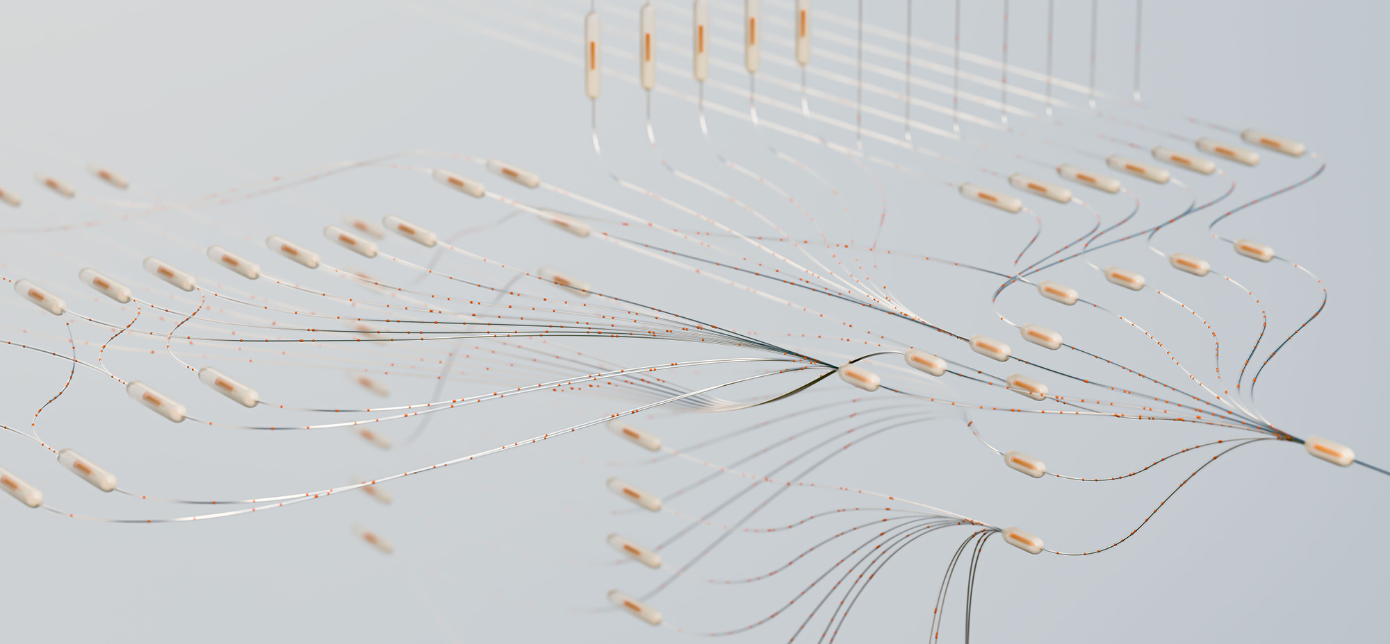 Abstract 3D render of white capsule-shaped nodes linked by fine, flowing threads dotted with orange points, branching outward across a pale gray background.