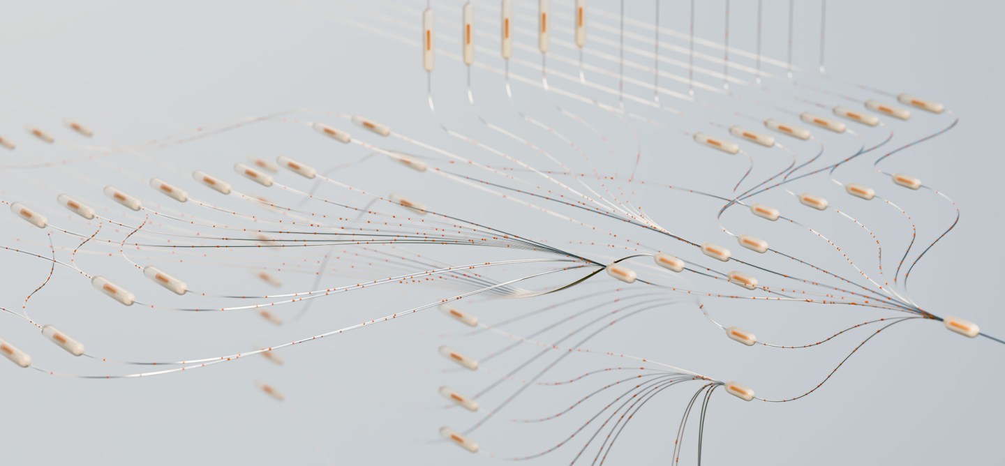 Abstract 3D render of white capsule-shaped nodes linked by fine, flowing threads dotted with orange points, branching outward across a pale gray background.