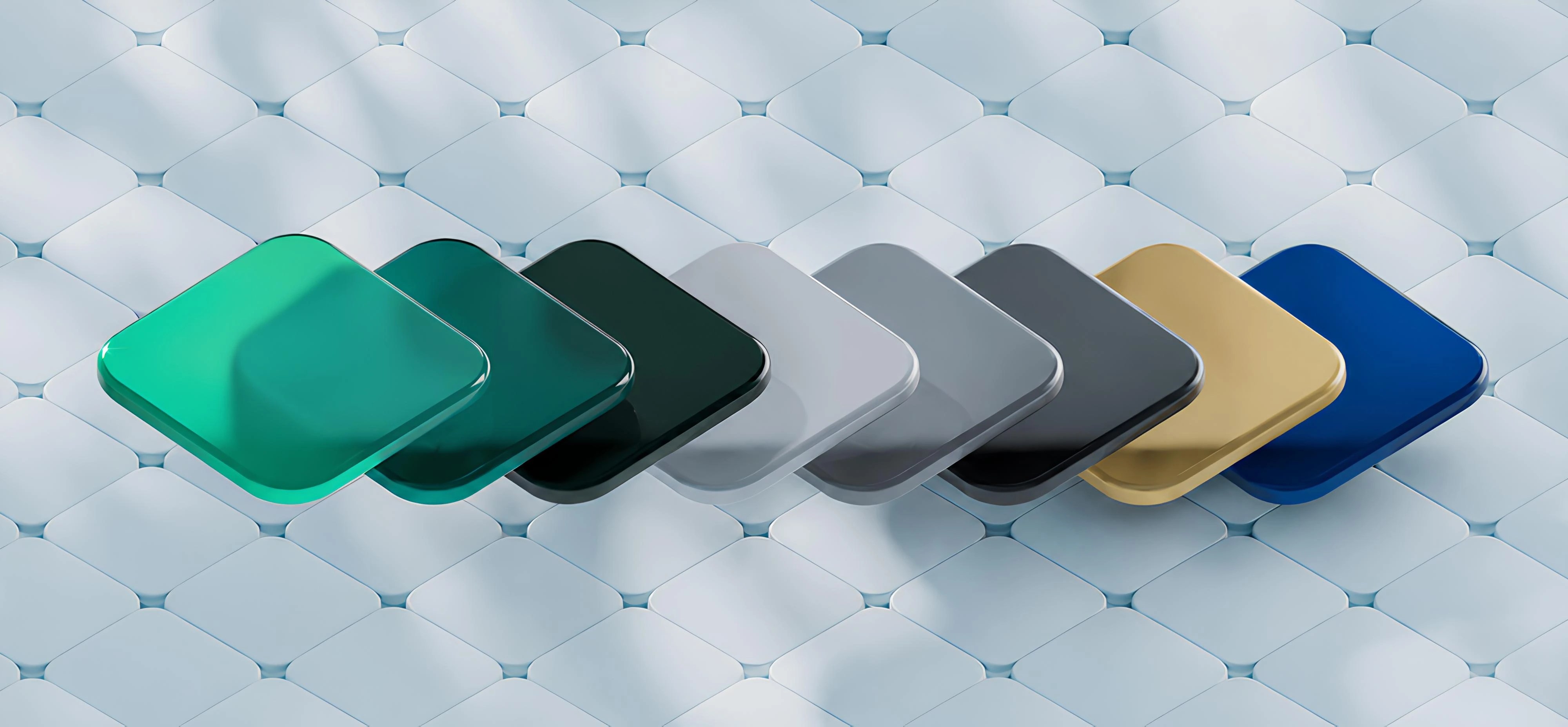 A 3D illustration of seven glossy, rounded square layers in teal, dark green, white, gray, charcoal, gold, and blue arranged in an overlapping sequence, representing a composable enterprise website stack against a light geometric tiled background.