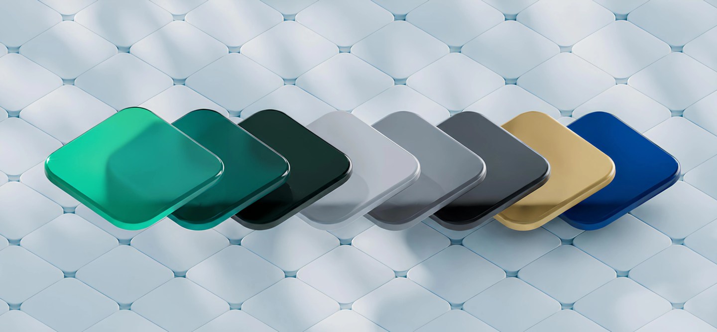 A 3D illustration of seven glossy, rounded square layers in teal, dark green, white, gray, charcoal, gold, and blue arranged in an overlapping sequence, representing a composable enterprise website stack against a light geometric tiled background.