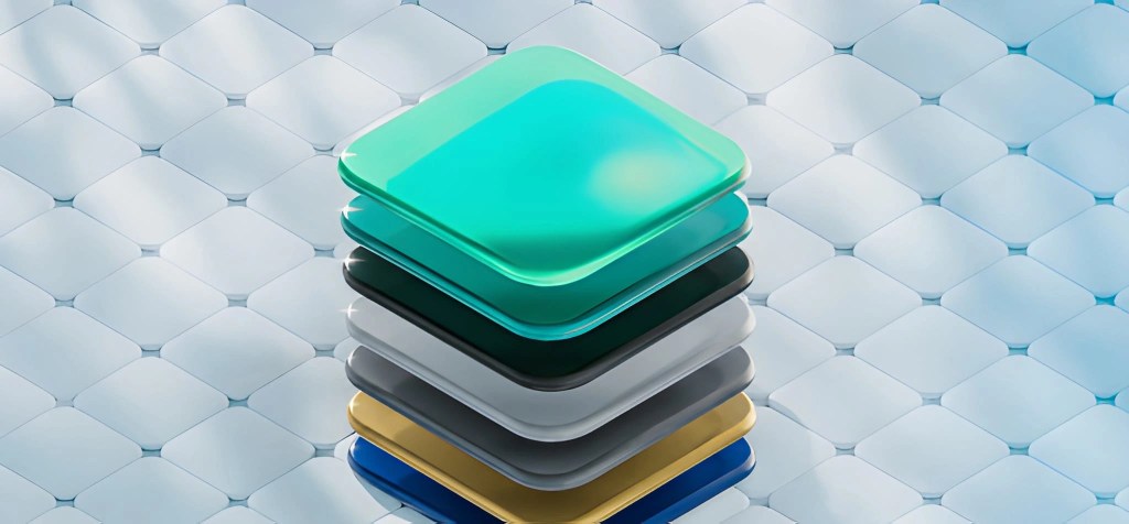 A 3D illustration of seven glossy, rounded square layers in teal, dark green, white, gray, charcoal, gold, and blue arranged in an overlapping sequence, representing a composable enterprise website stack against a light geometric tiled background.