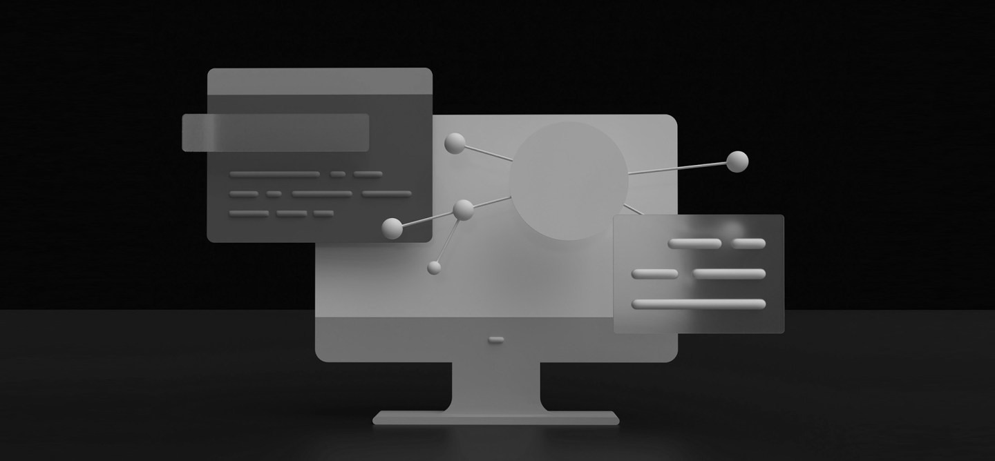 3D illustration of a desktop monitor displaying a node-based content diagram, with floating interface cards connected by lines, representing AI-ready content, structured data, and semantic relationships.