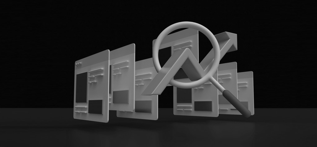 3D illustration of multiple webpage layouts with a magnifying glass highlighting an upward-trending graph, representing AI search optimization, content discovery, and website performance analysis.
