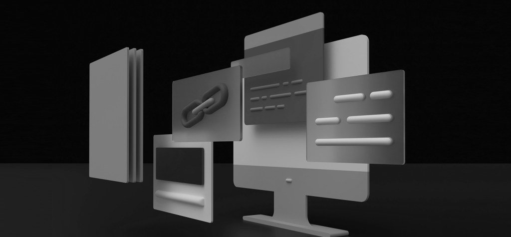 3D illustration of layered website interface panels, a chain link icon, and floating content cards around a desktop monitor, representing connected content, internal linking, and AI-ready website architecture.