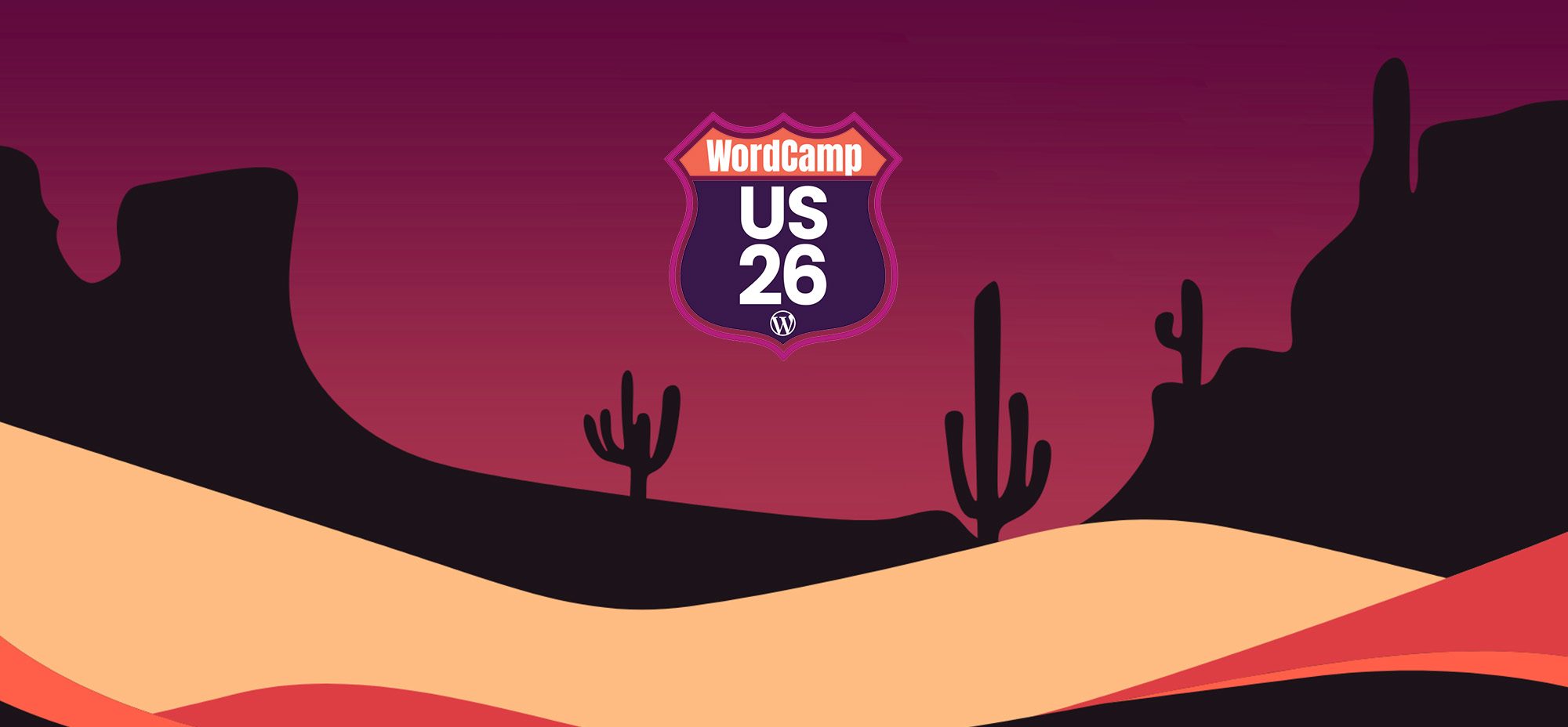 Illustrated desert landscape with cactus silhouettes and the WordCamp US 2026 logo centred against a purple sky.
