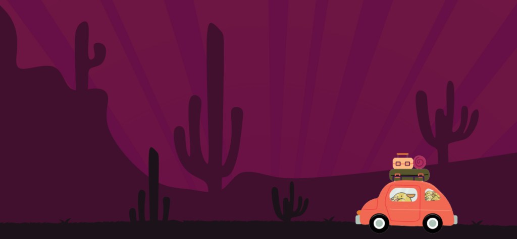 Illustrated red car carrying luggage through a purple desert landscape filled with cactus silhouettes.
