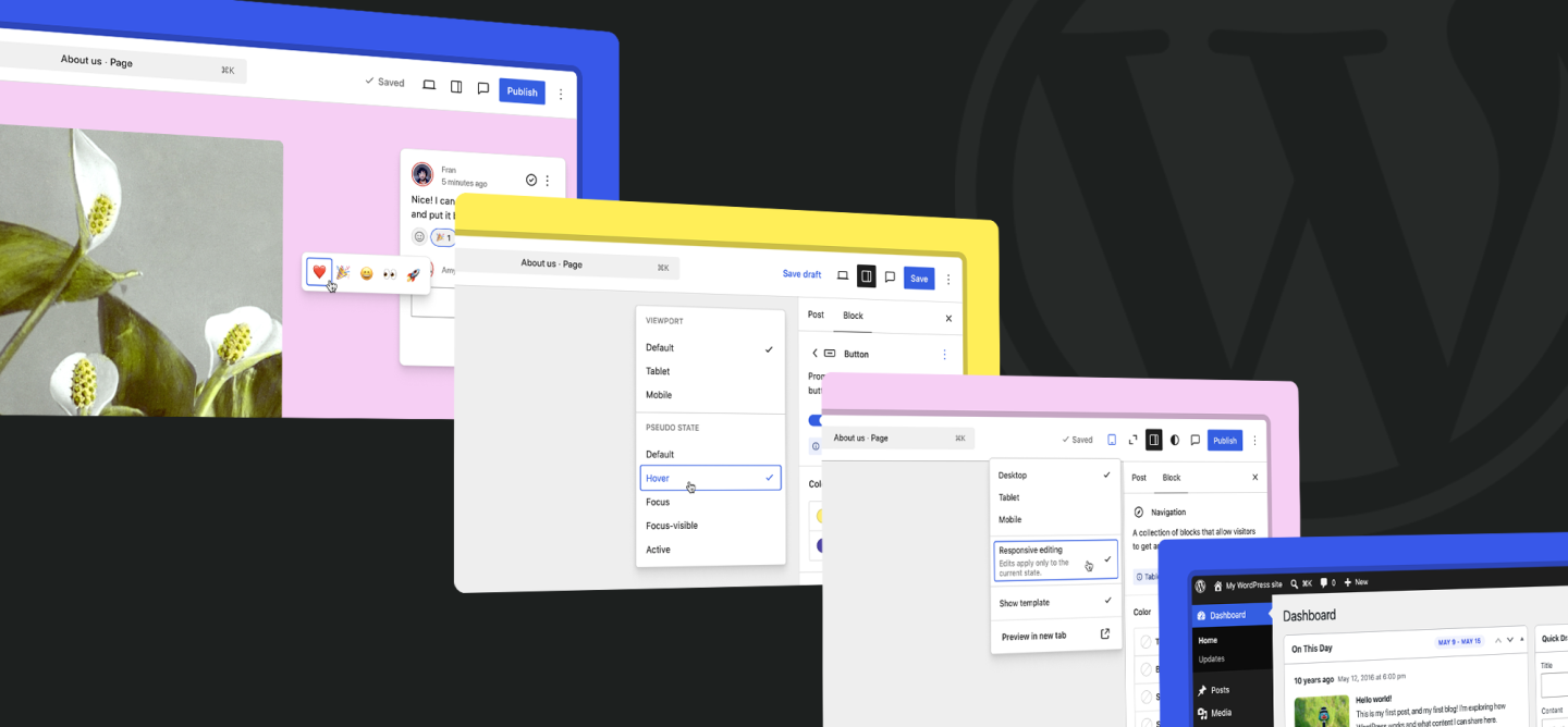 Layered WordPress 7.1 interface screens showing collaboration, responsive editing, block states, and the admin dashboard.