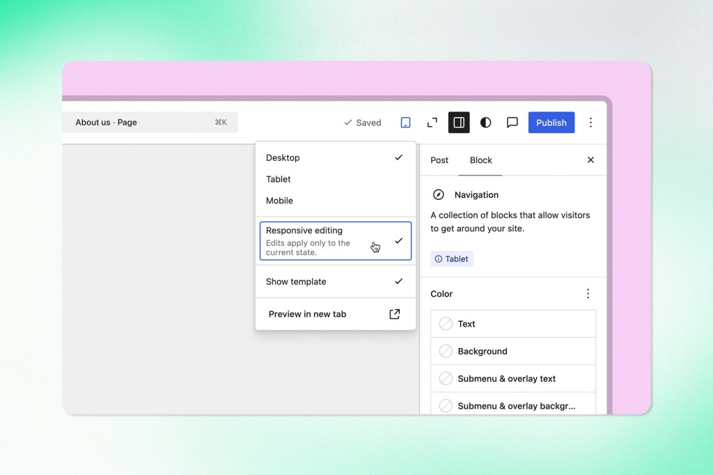WordPress editor showing responsive editing controls for customizing a navigation block on tablet view.
