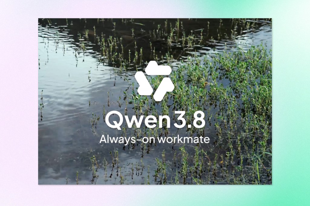 Qwen 3.8 logo and “Always-on workmate” text over a wetland background.